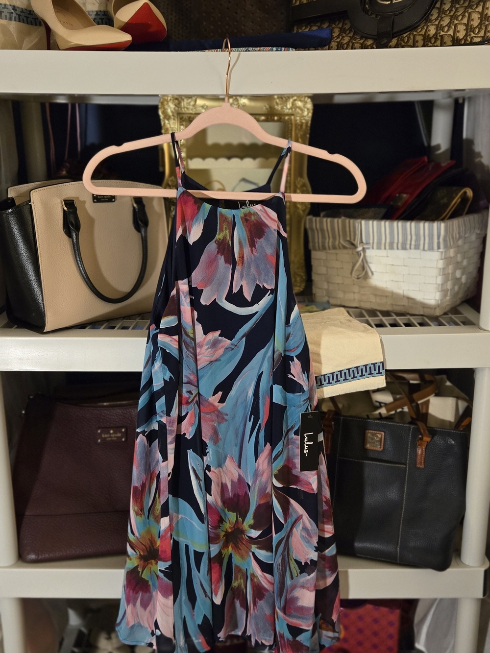 Lulu's Navy Floral Halter Mini Dress with Teal & Pink Accents